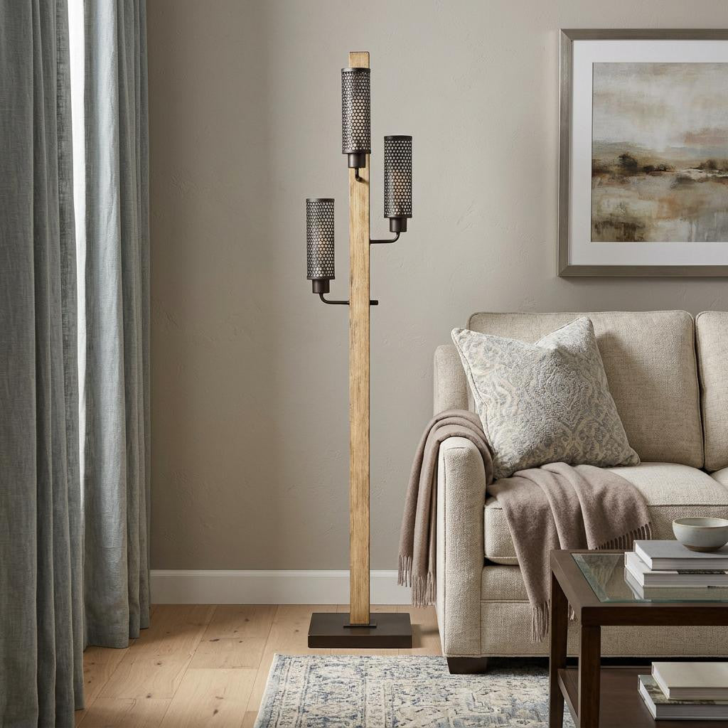 61" Brown Three Light Traditional Shaped Floor Lamp With Black Novelty Shade - Lighting