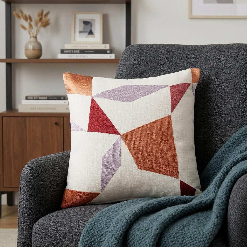 20" Ivory Red and Orange Geometric Cotton Blend Throw Pillow With Embroidery - Home & Garden