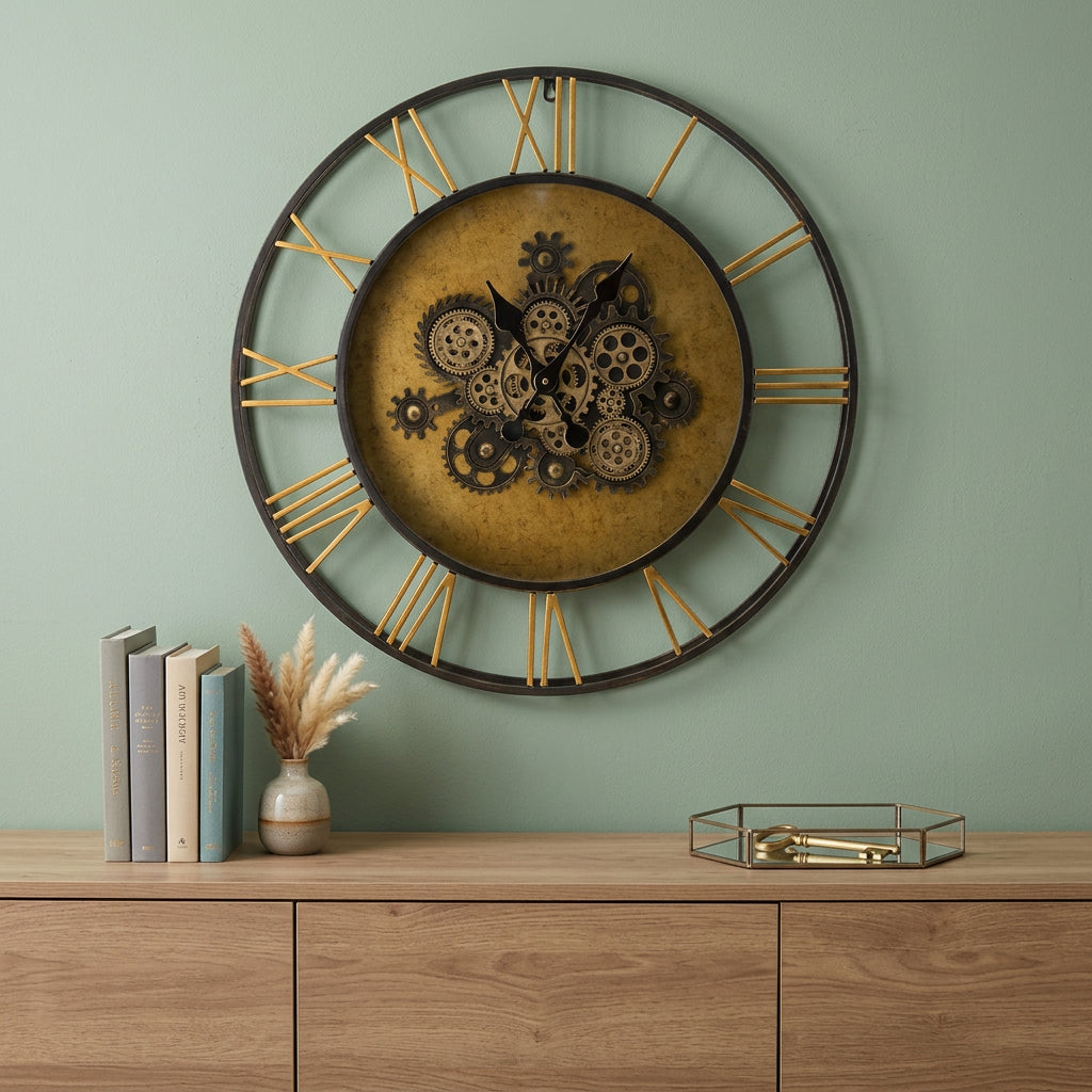 28" Circle Copper Metal and Glass Analog Exposed Gear Wall Clock - Home Decor