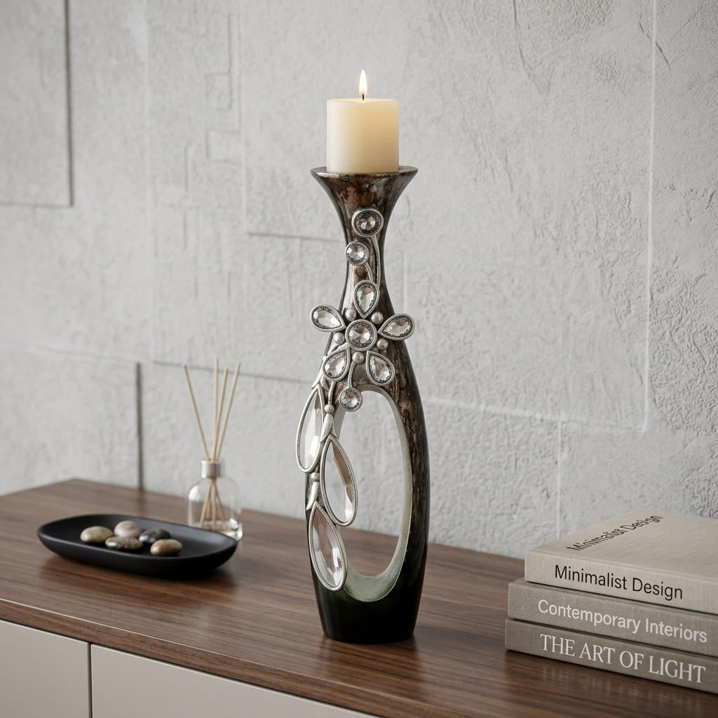 16" Ornate Faux Crystal Tabletop Pillar Candle Holder - Home Decor