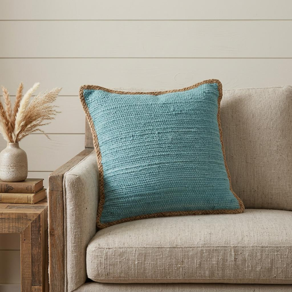20" Turquoise And Tan Cotton Color Block Throw Pillow - Home & Garden