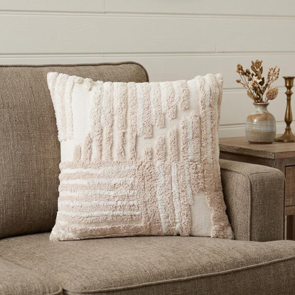 22" Beige and White Geometric Cotton Throw Pillow With Texture - Home & Garden
