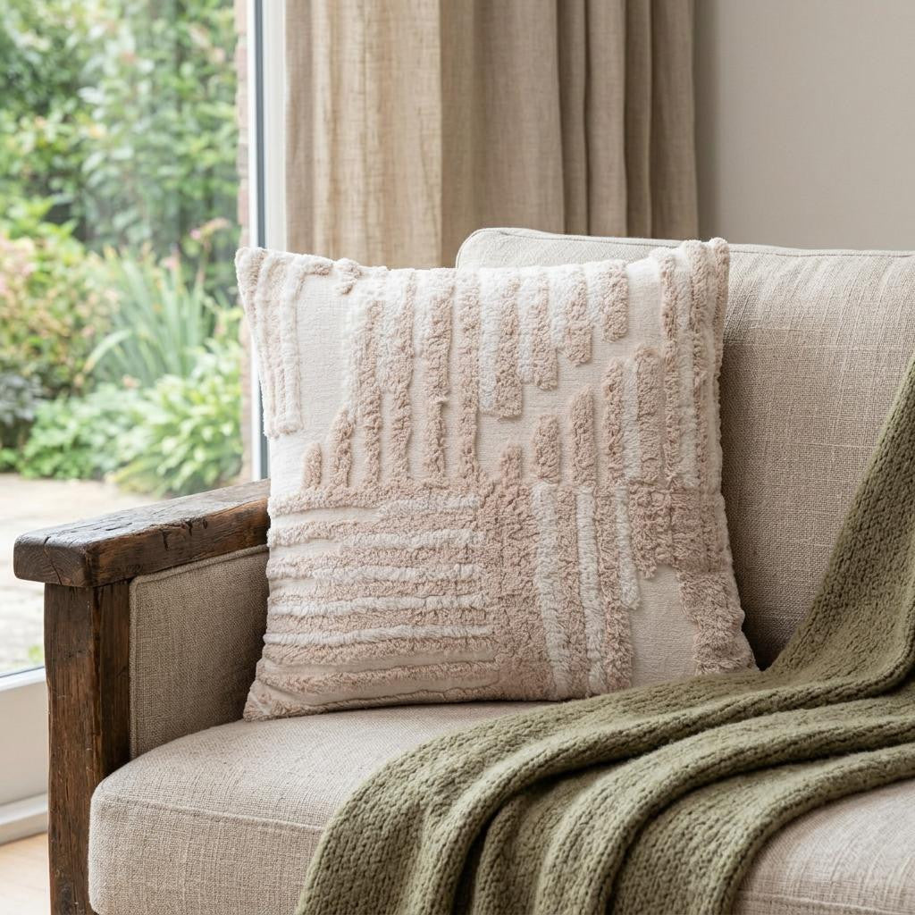 22" Beige and White Geometric Cotton Throw Pillow With Texture - Home & Garden