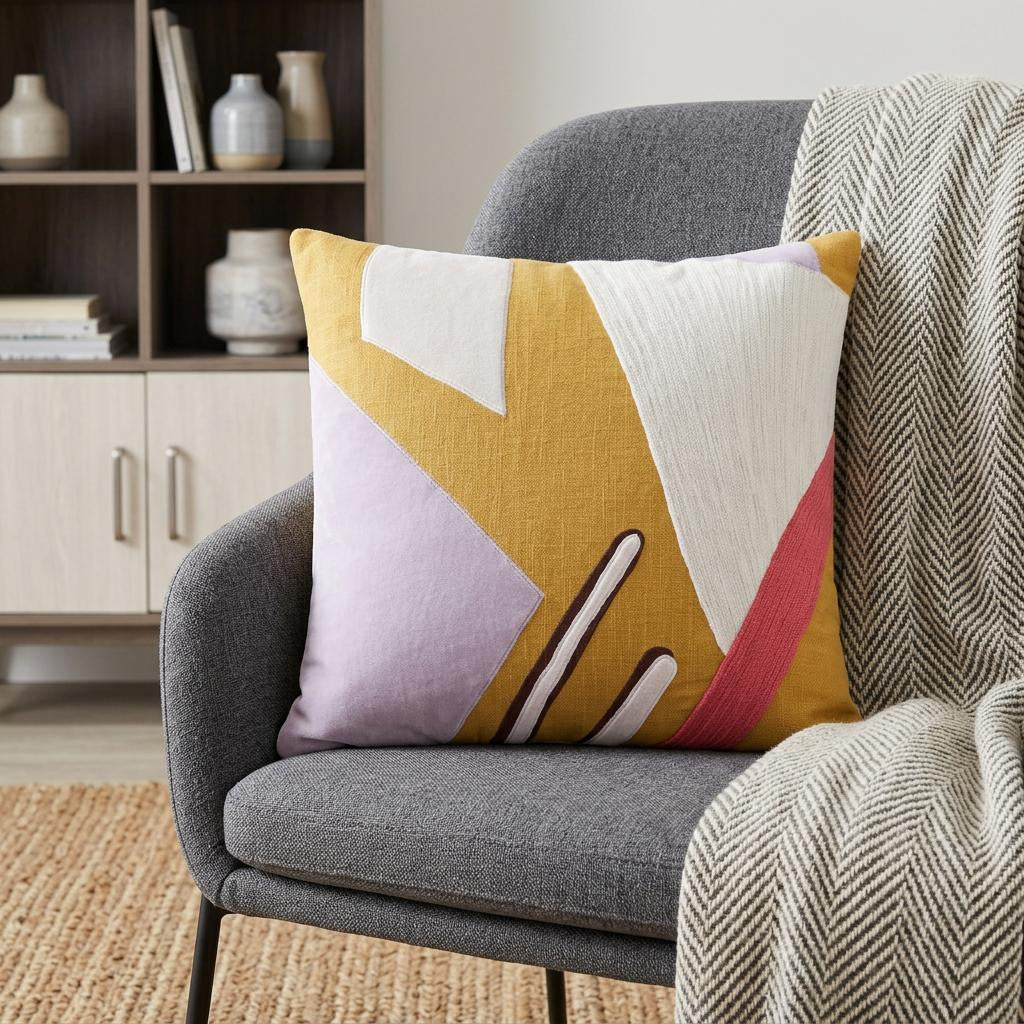 20" X 20" Yellow Purple Off-White And Coral 100% Cotton Abstract Zippered Pillow - Home & Garden