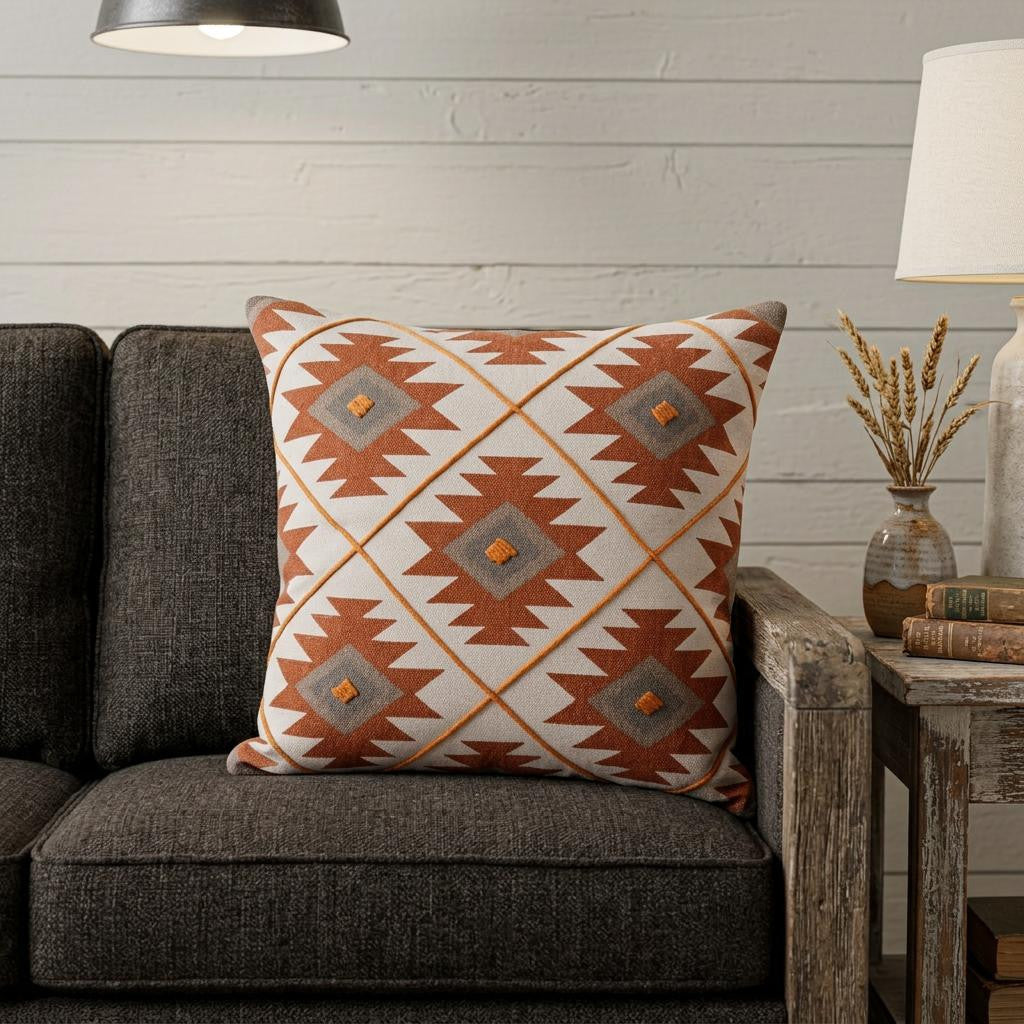 20" X 20" Rust And Off-White 100% Cotton Geometric Zippered Pillow - Home & Garden