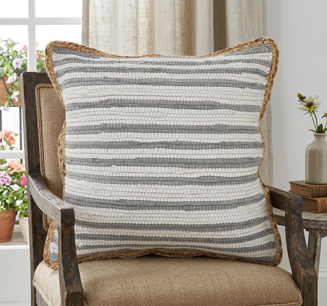 18" X 18" White Gray And Tan 100% Cotton Striped Zippered Pillow - Home & Garden