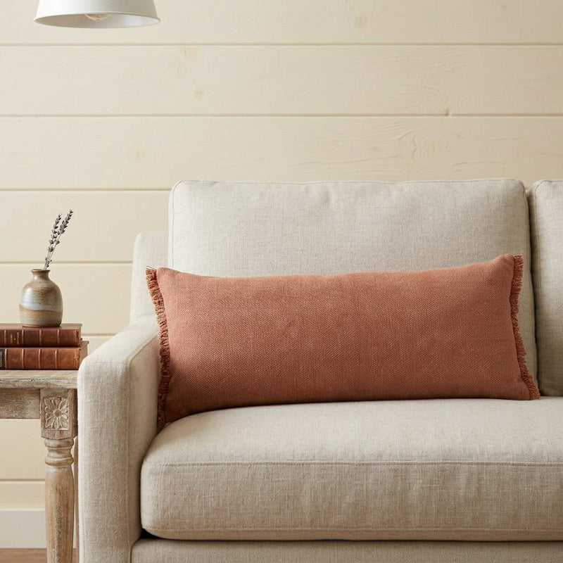 14" X 36" Terra Cotta Stonewashed Cotton Throw Pillow With Fringe - Home Decor