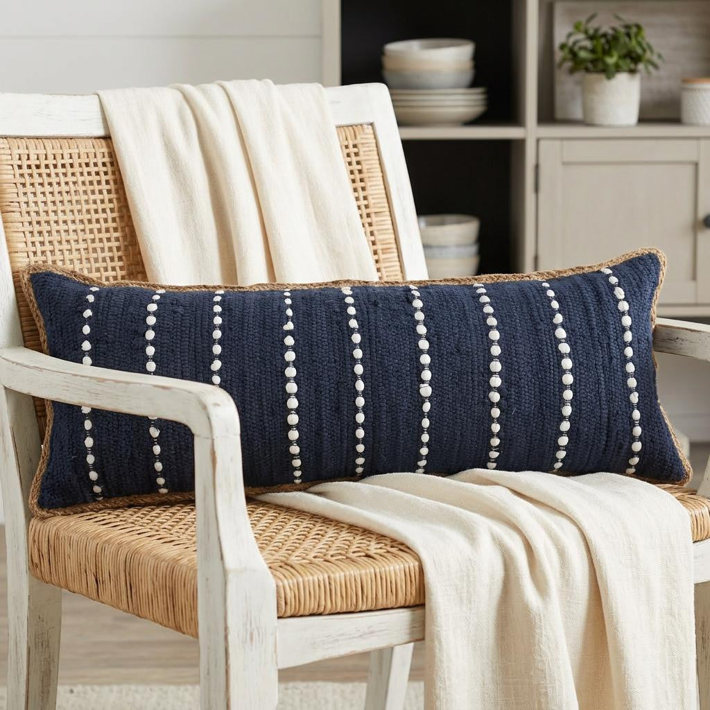 14" X 36" Blue and Beige Lumbar Throw Pillow - Home & Garden