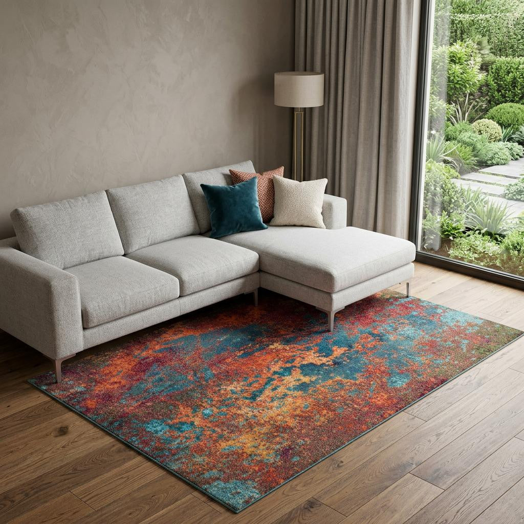 7' X 10' Blue and Orange Abstract Power Loom Area Rug - Home & Garden