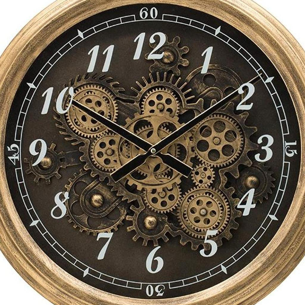 21" Circle Black and Gold Wood and Glass Analog Exposed Gear Wall Clock - Home Decor