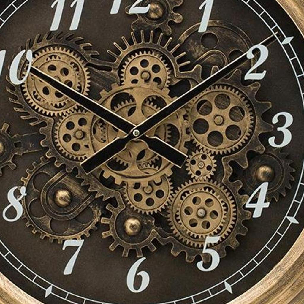 21" Circle Black and Gold Wood and Glass Analog Exposed Gear Wall Clock - Home Decor