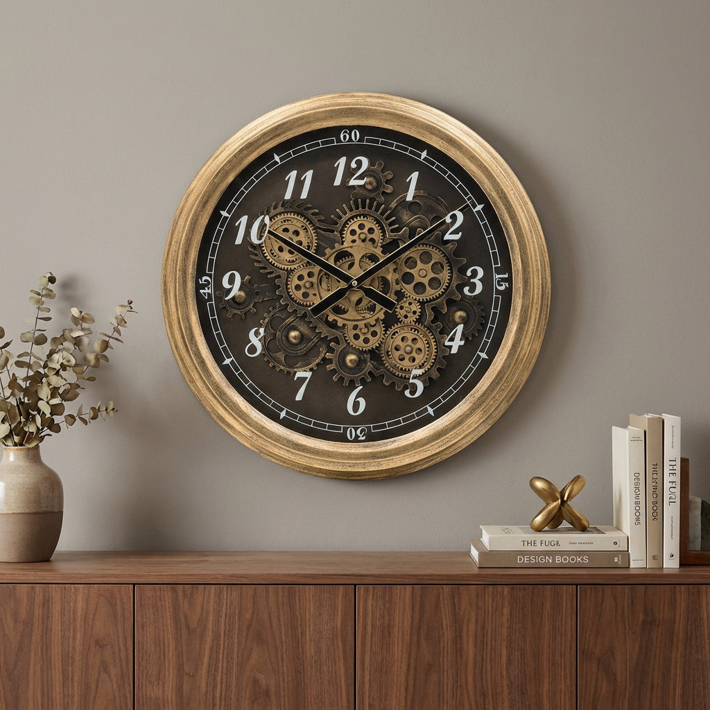 21" Circle Black and Gold Wood and Glass Analog Exposed Gear Wall Clock - Home Decor
