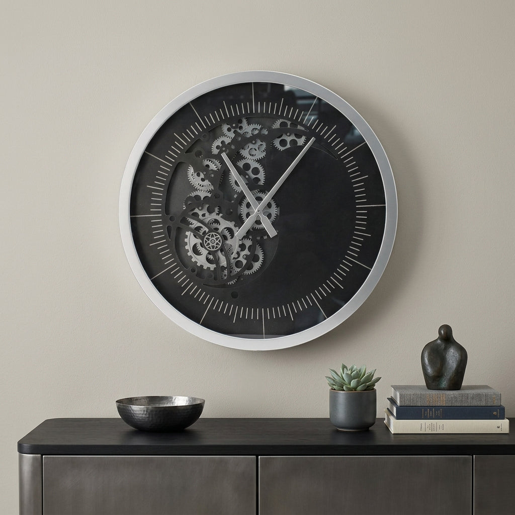 23" Circle Black and Silver Wood and Glass Analog Wall Clock - Home Decor