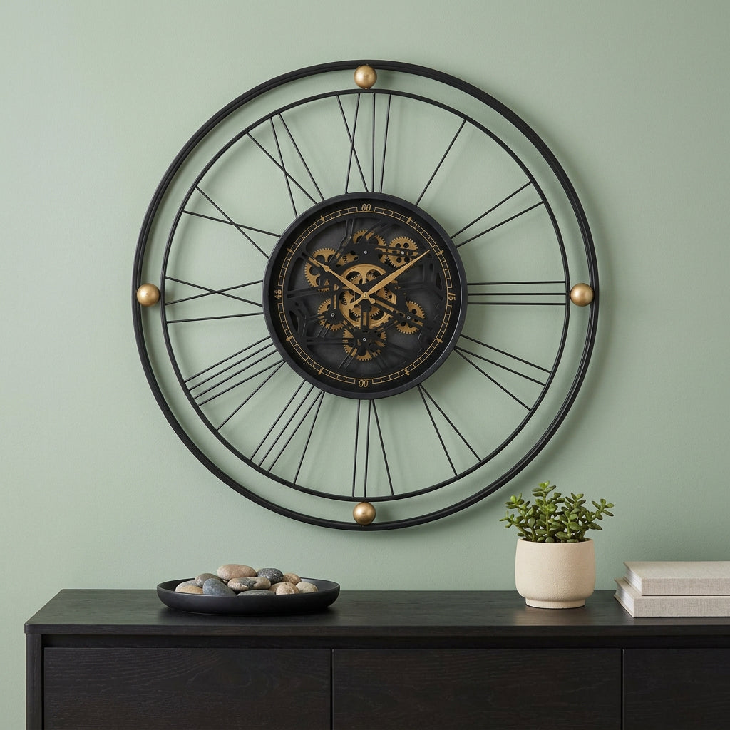 32" Circle Black and Gold Metal and Glass Analog Exposed Gear Wall Clock - Home Decor