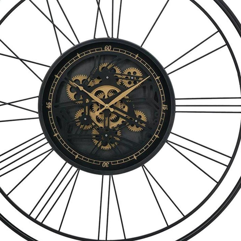 32" Circle Black and Gold Metal and Glass Analog Exposed Gear Wall Clock - Home Decor