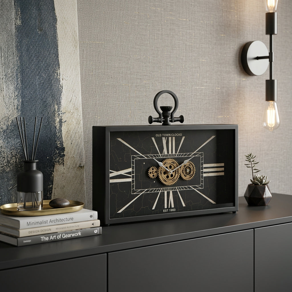 13" Black and Gold Metal and Glass Analog Vintage Style Crackle Wall Clock - Home Decor