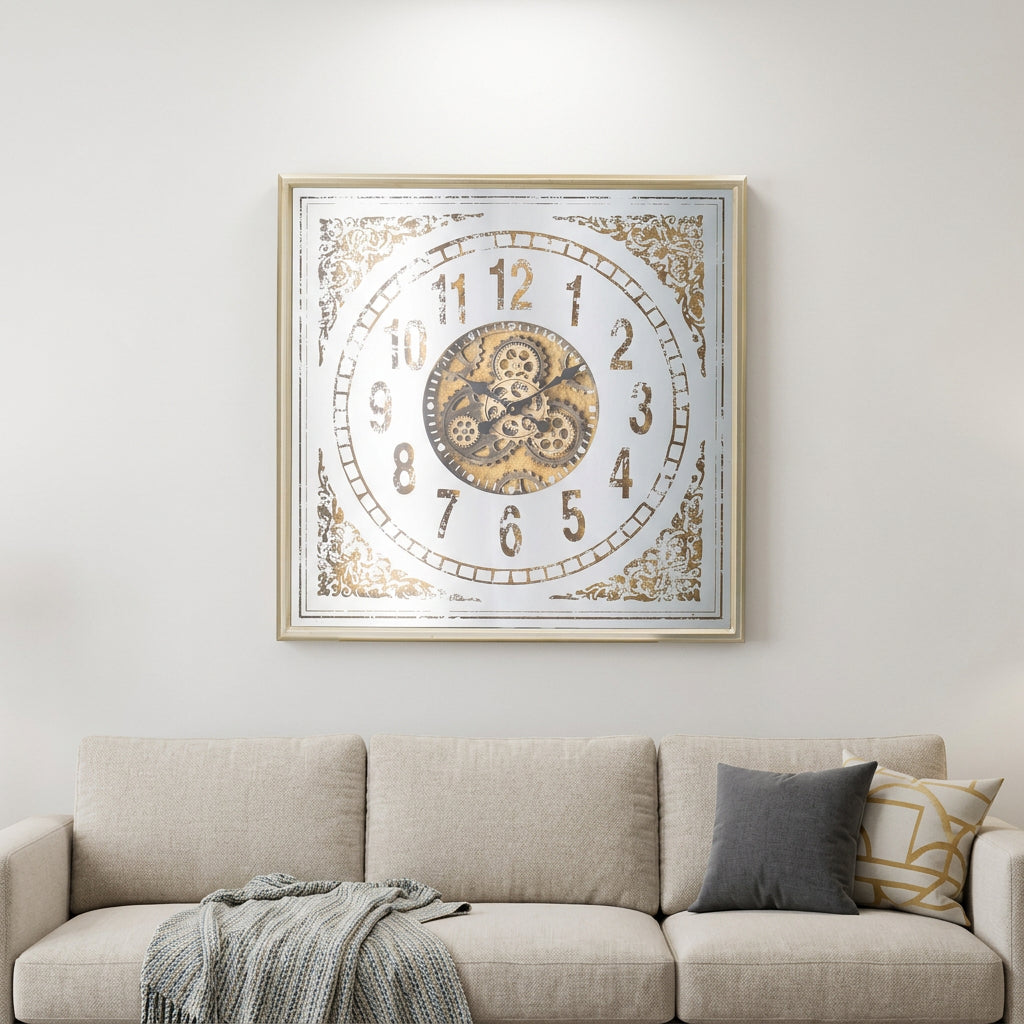 32" Square Gold and Silver Wood and Mirror Analog Exposed Gear Wall Clock - Home Decor