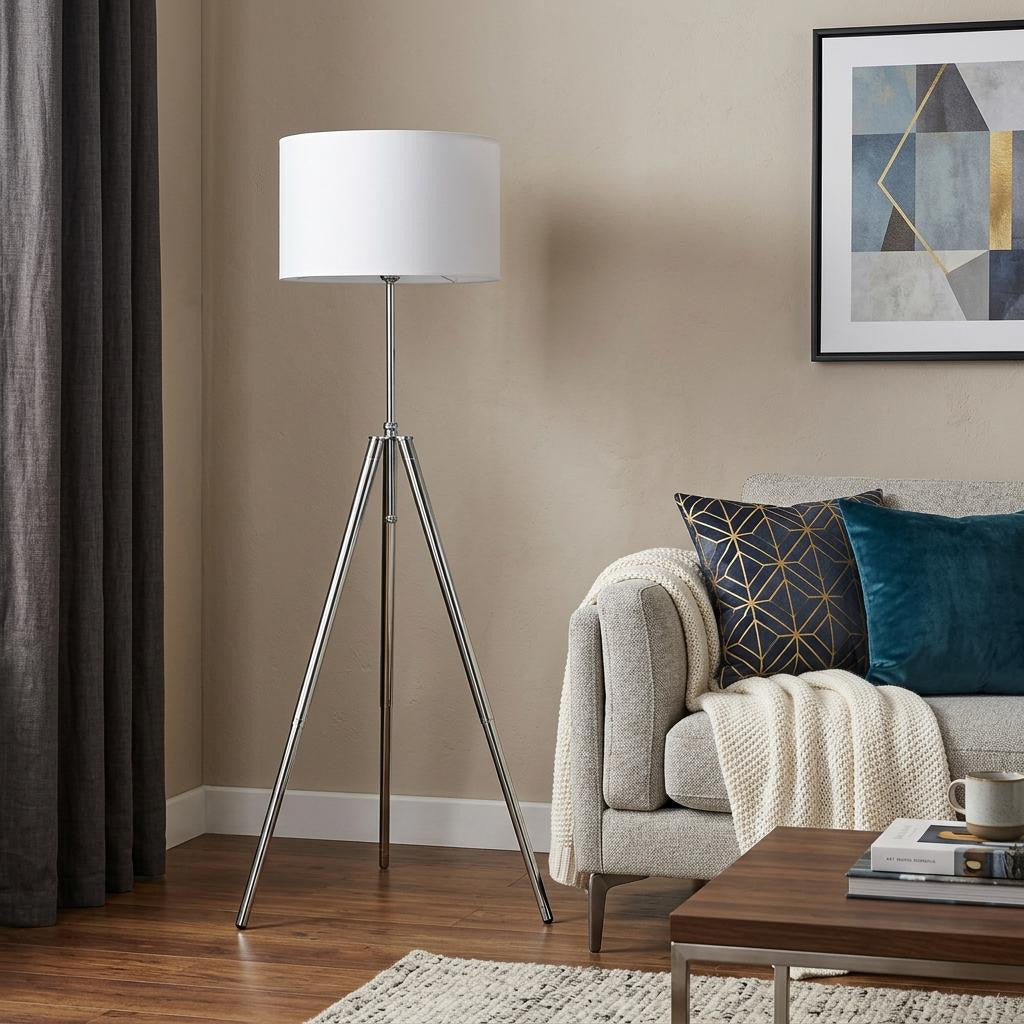 64" Silver Adjustable Tripod Floor Lamp With White Fabric Shade - Lighting
