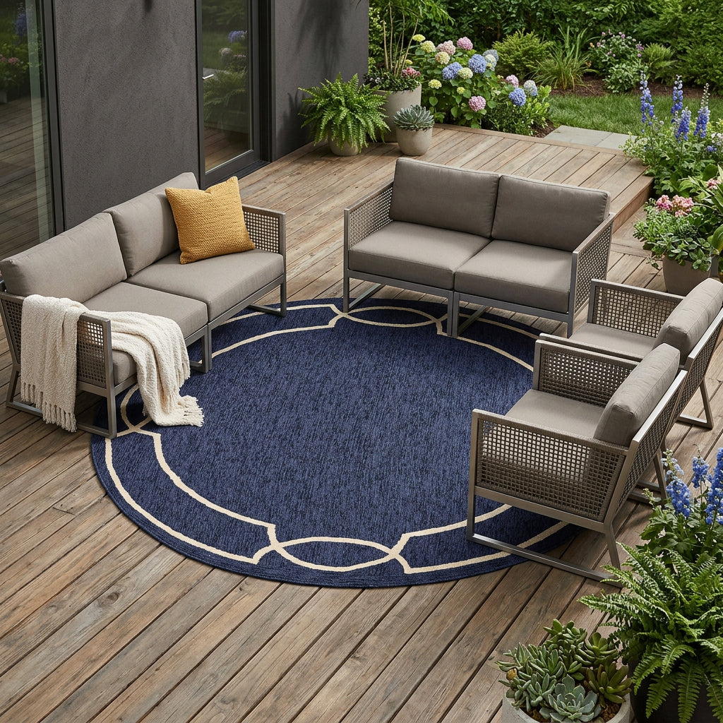 7' Blue And Ivory Round Geometric Handmade Indoor Outdoor Area Rug - Outdoor
