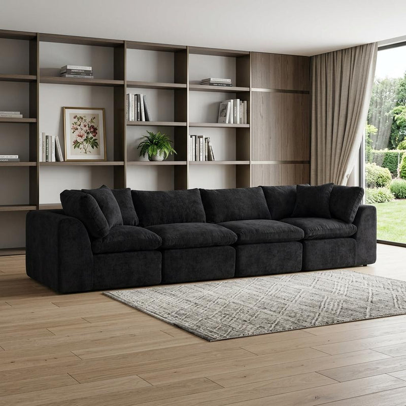 138" Black Chenille Modular Sofa With Toss Pillows - Living Room