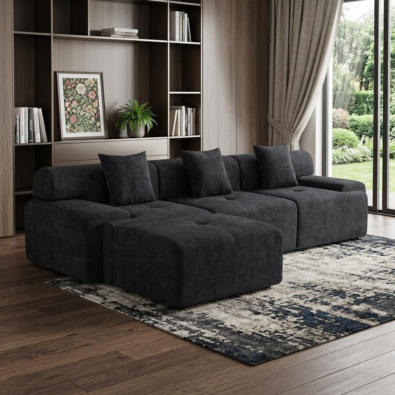 118" Black Chenille Modular Sofa With Ottoman And Toss Pillows - Living Room