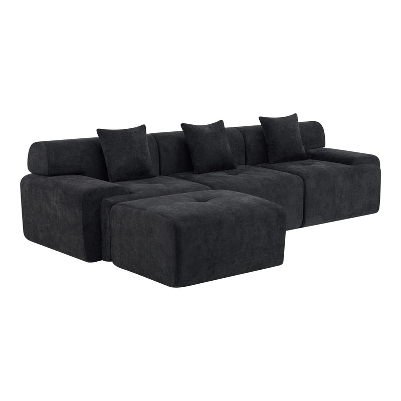 118" Black Chenille Modular Sofa With Ottoman And Toss Pillows - Living Room