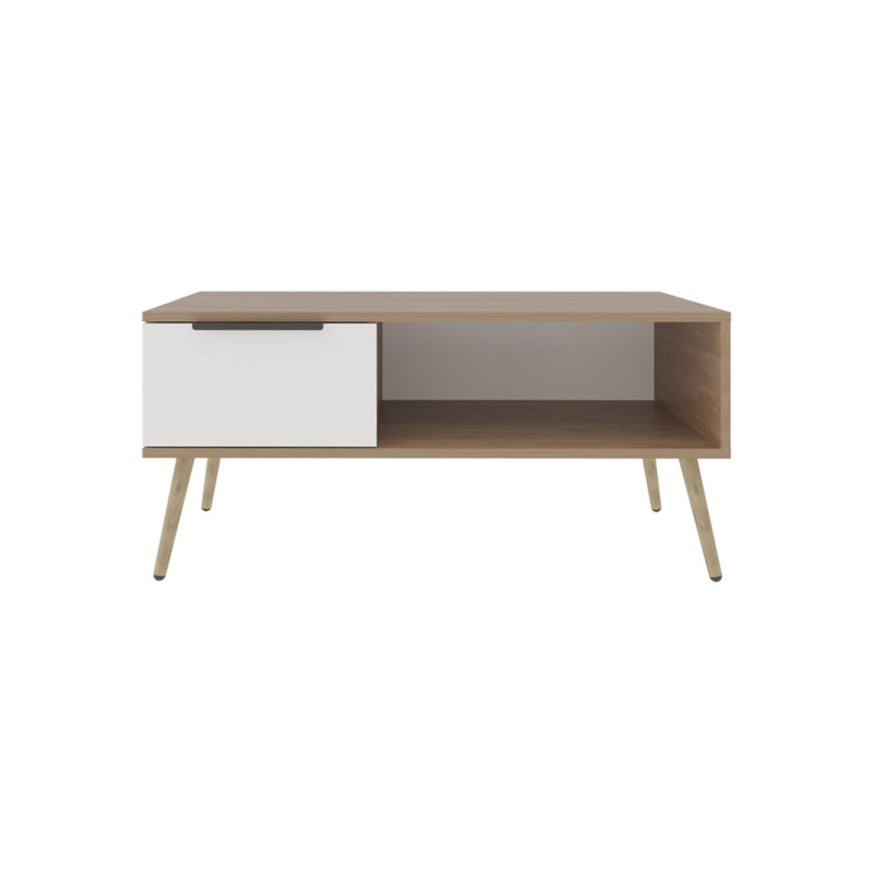 Brown wood coffee table with white drawer and open shelf, slender angled legs