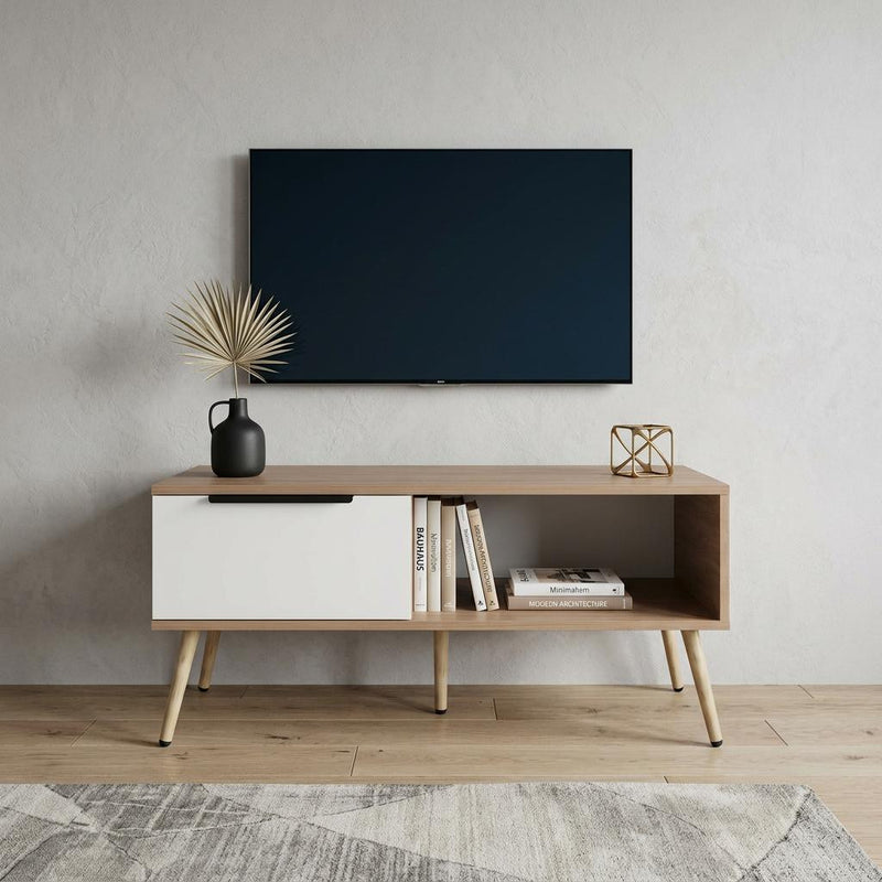 Brown and white wood coffee table with drawer, open storage, and angled legs