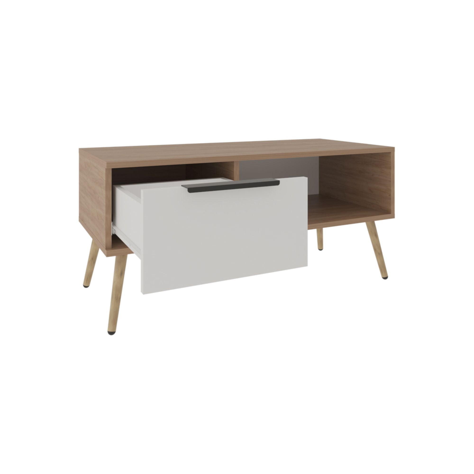 Brown wood coffee table with white drawer and open shelf, tapered wooden legs