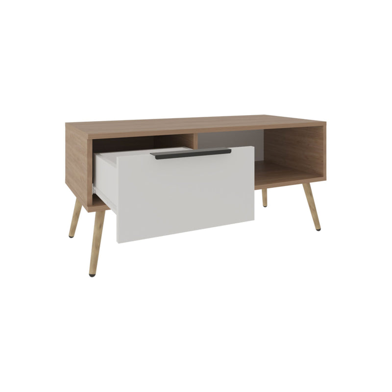 Brown wood coffee table with white drawer and open shelf, tapered wooden legs