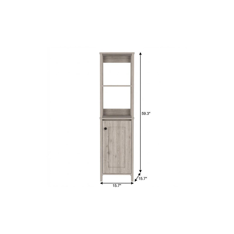 Gray wooden storage cabinet with open shelves and a closed door, measuring 59.3" x 15.7" x 15.7".