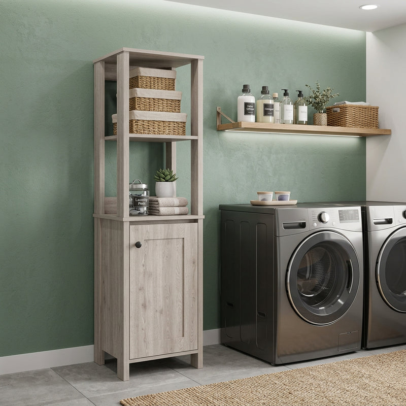 Light oak wood laundry storage cabinet with open shelving and a closed cabinet, ideal for small spaces.