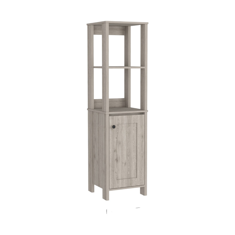 Modern gray wood display cabinet with open shelves and a closed storage compartment, ideal for living room or office use.