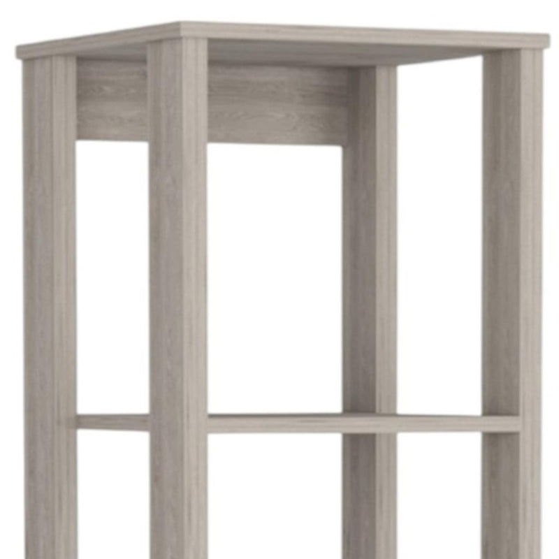 Light gray wood finish open bookshelf with four shelves, modern minimalist design perfect for any room.