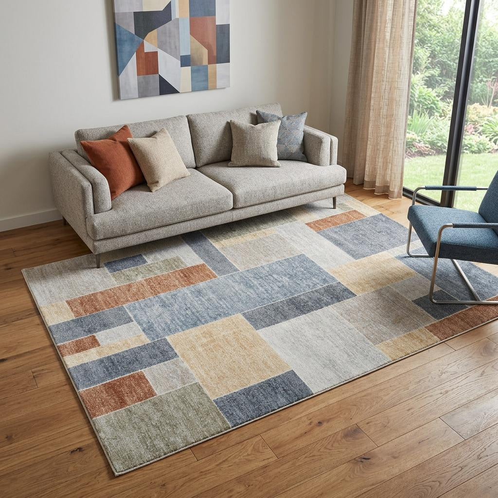 5' X 7' Blue and Green Geometric Power Loom Washable Area Rug - Home & Garden
