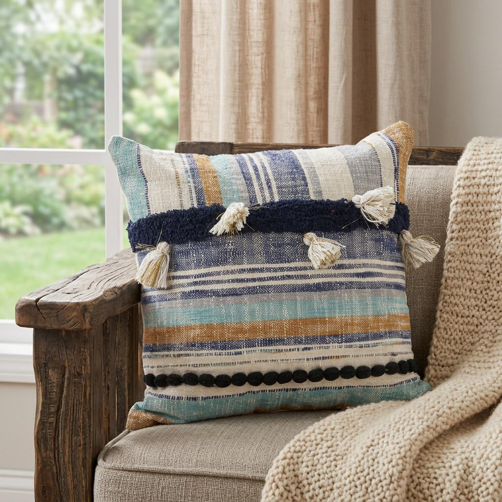 18" Blue And Tan Beach Striped Cotton Throw Pillow Cover with Tassels Tufts And Texture - Home & Garden