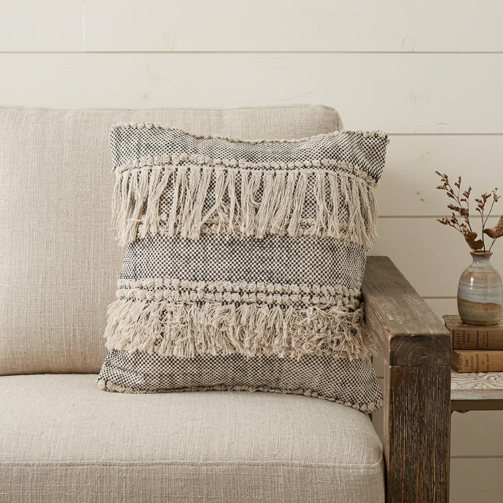 20" Beige And Black Striped Cotton Throw Pillow Cover with Fringe And Texture - Home & Garden