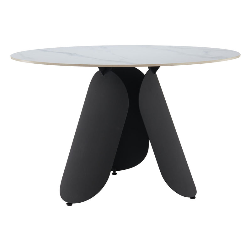 48" White and Black Faux Marble and Steel Pedestal Base Round Top Dining Table - Kitchen & Dining