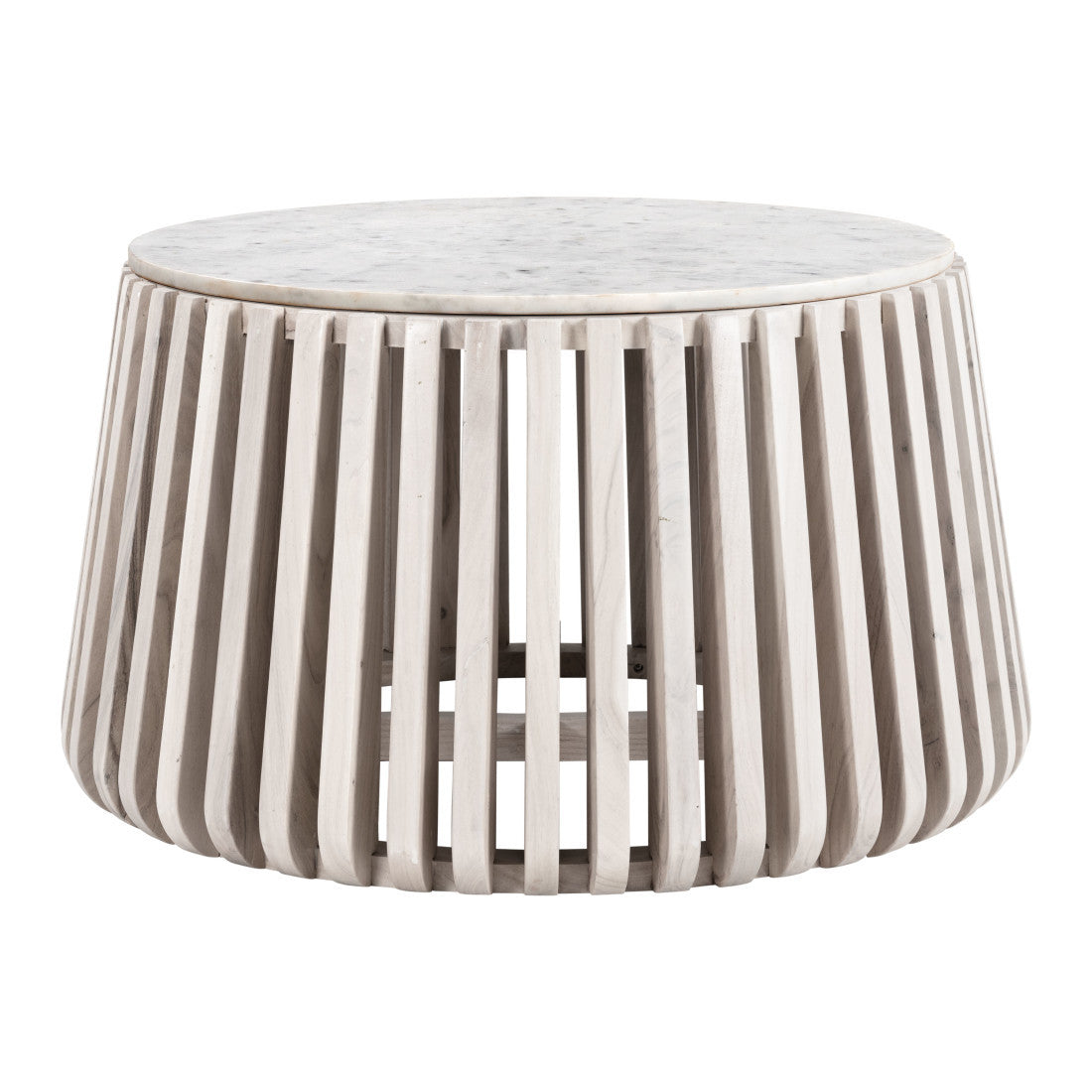 Round coffee table with white marble top and natural wood slatted base