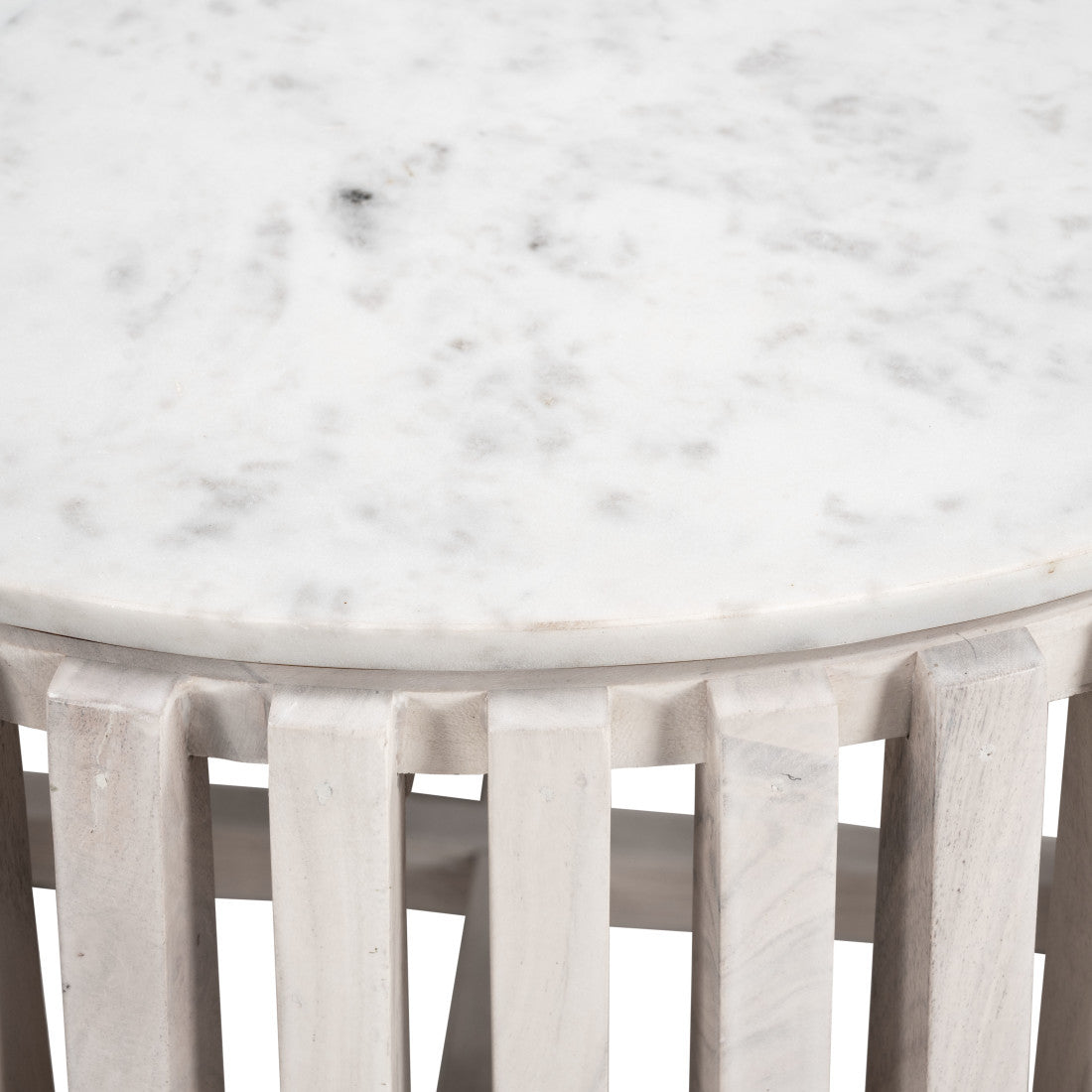 Round coffee table edge: white marble top with slatted natural wood sides