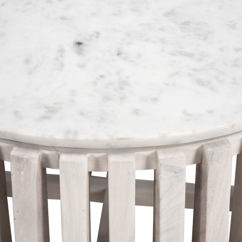 Round coffee table edge: white marble top with slatted natural wood sides