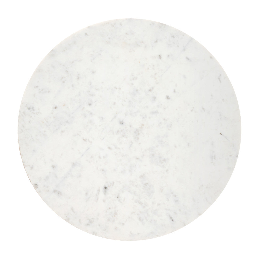 Round white marble tabletop with subtle gray speckling, smooth polished finish