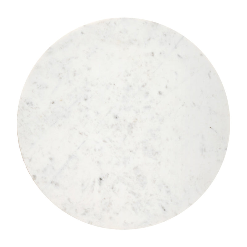 Round white marble tabletop with subtle gray speckling, smooth polished finish
