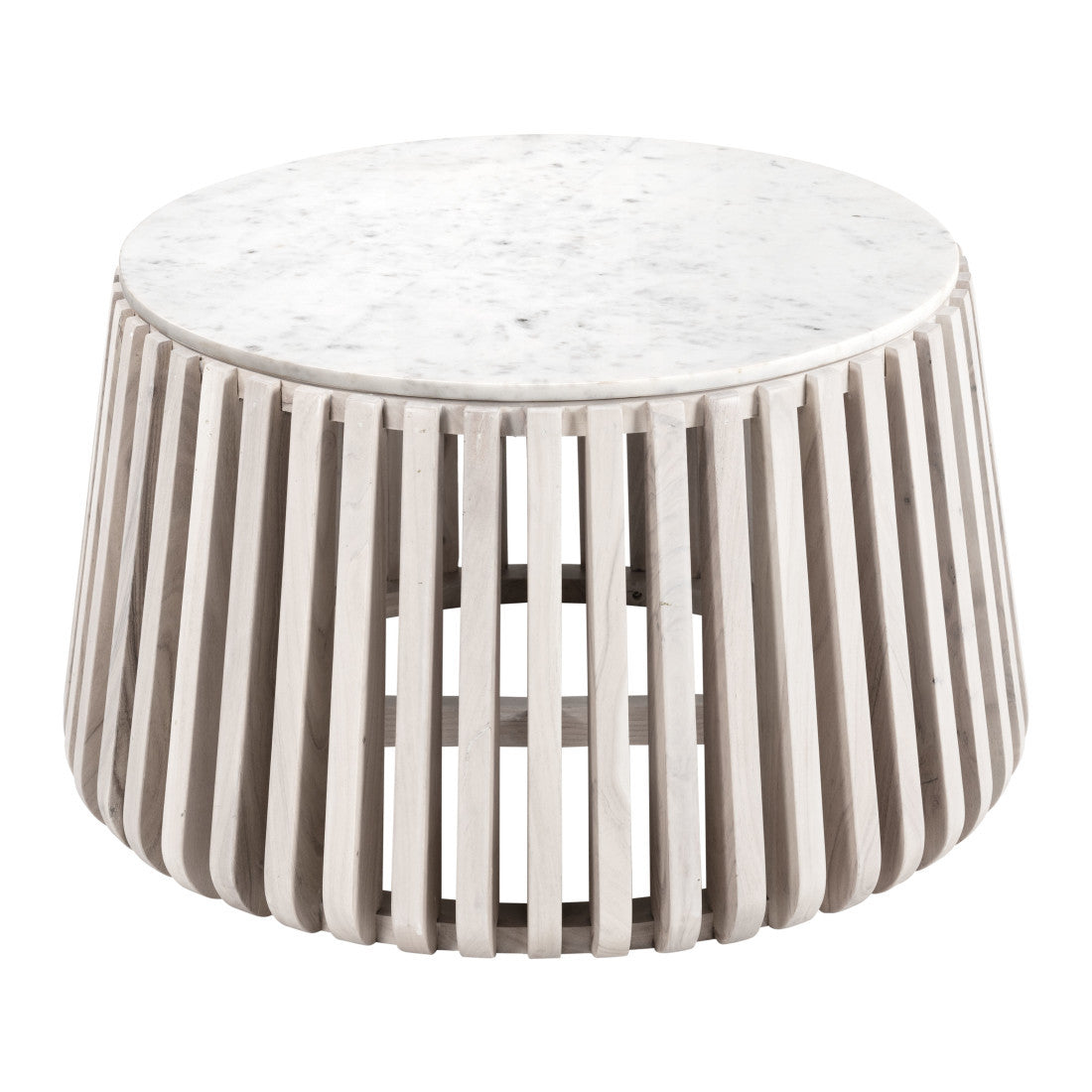 Round coffee table with white marble top and vertical natural wood slats