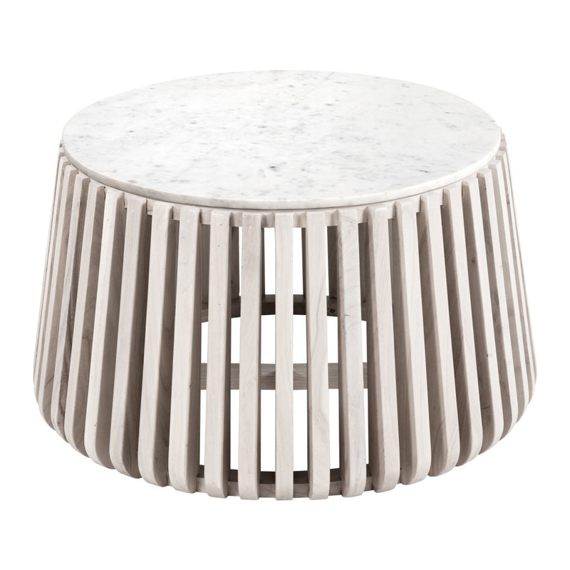 Round coffee table with white marble top and vertical natural wood slats