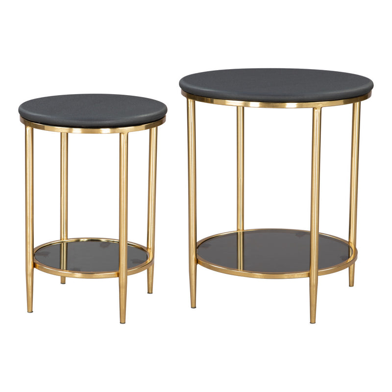 Pair of round black-top side tables with gold frame and open lower shelf rings