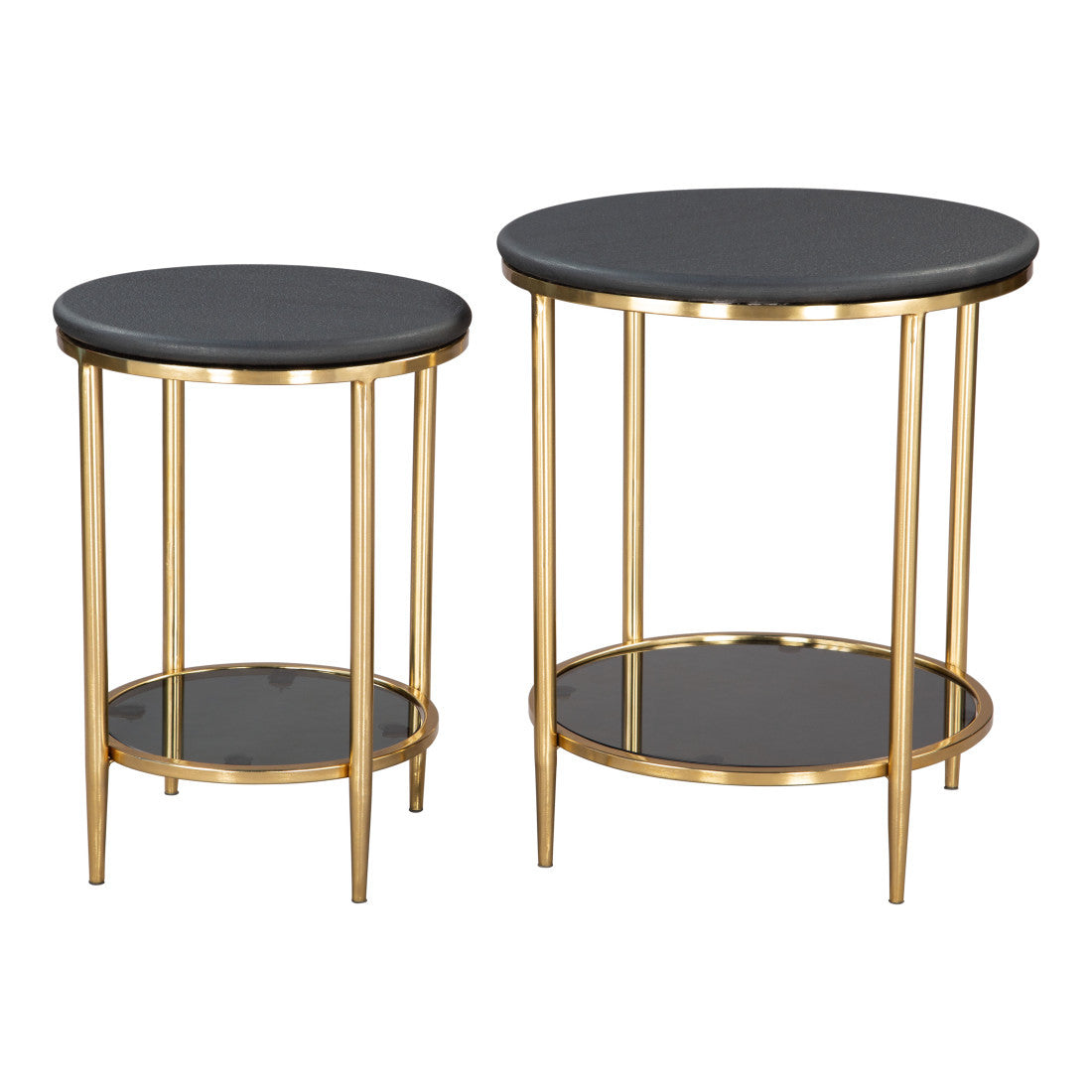 Nesting pair of round black-top side tables with gold legs and open lower shelf rings