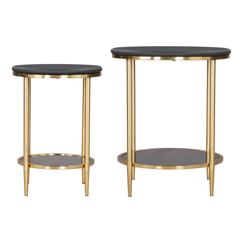 Two round black-top side tables with gold legs and open circular lower shelf rings