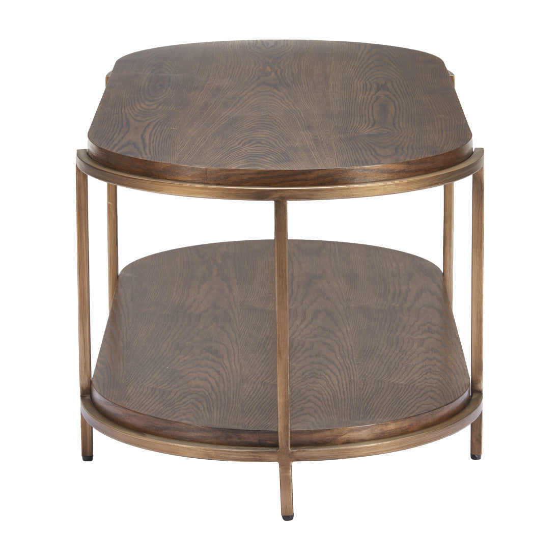 Round-oval end view of a warm brown wood coffee table with two tiers and steel legs.