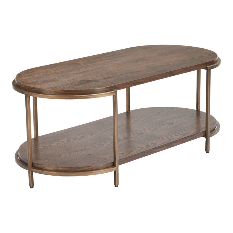 Oval coffee table featuring warm brown wood top and bottom shelf with steel supports.